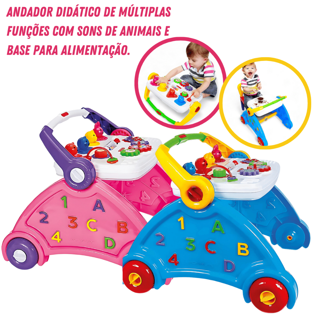 Andador Didático Infantil para Bebê Musical 3 Em 1 Múltiplás Funções C/ Som Animais Bandeja C/ Base Lavável