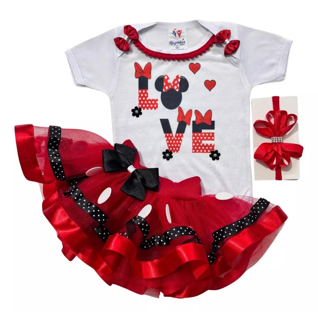 Conjunto Mesversário Bebê Menina Temático Minnie Body, Saia Tutu e Laço Fantasia Festa Aniversário Infantil