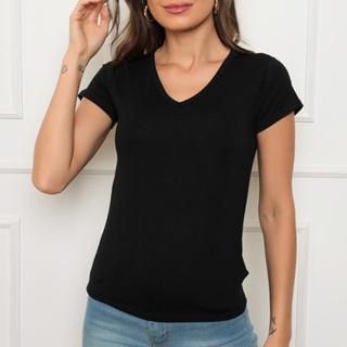 Blusa Feminina Baby Look Camiseta Viscolycra Gola V Básica Manga Curta em Oferta na Shopee
