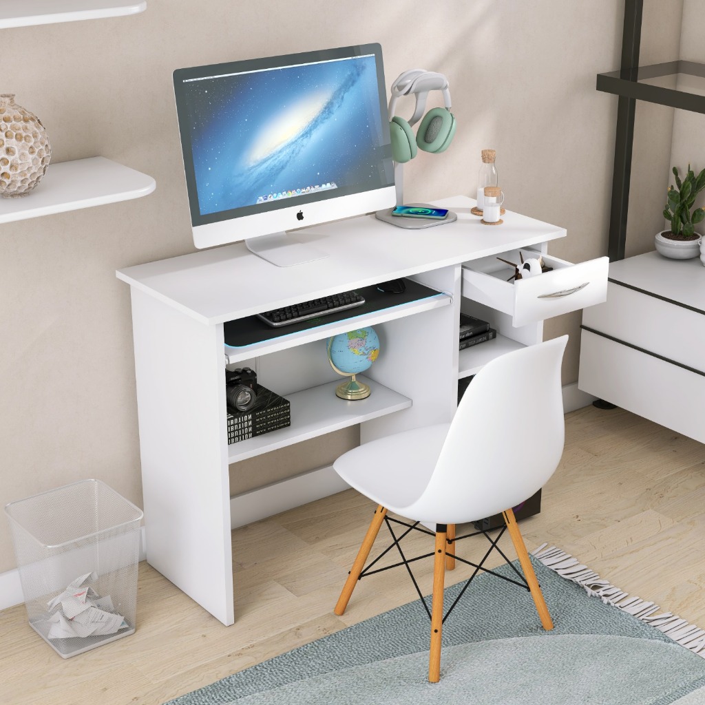 Kit Para Escritorio Mesa Escrivaninha Com Gaveta + Cadeira Moderna Eames Eiffel Wood