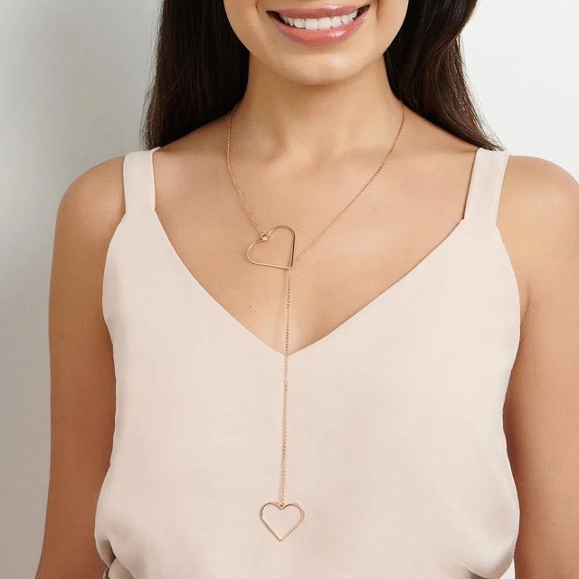 COLAR DE OURO 18K FEMININO MAXI CORAÇÃO GRAVATA AJUSTÁVEL ROMMANEL 2 CORAÇÕES VAZADOS 532186