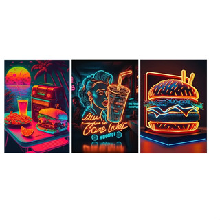 Quadro decorativo hamburgueria neon lanchonete estabelecimento 3 peças sala quarto cozinha e escritorio decoraçao em Oferta na Shopee