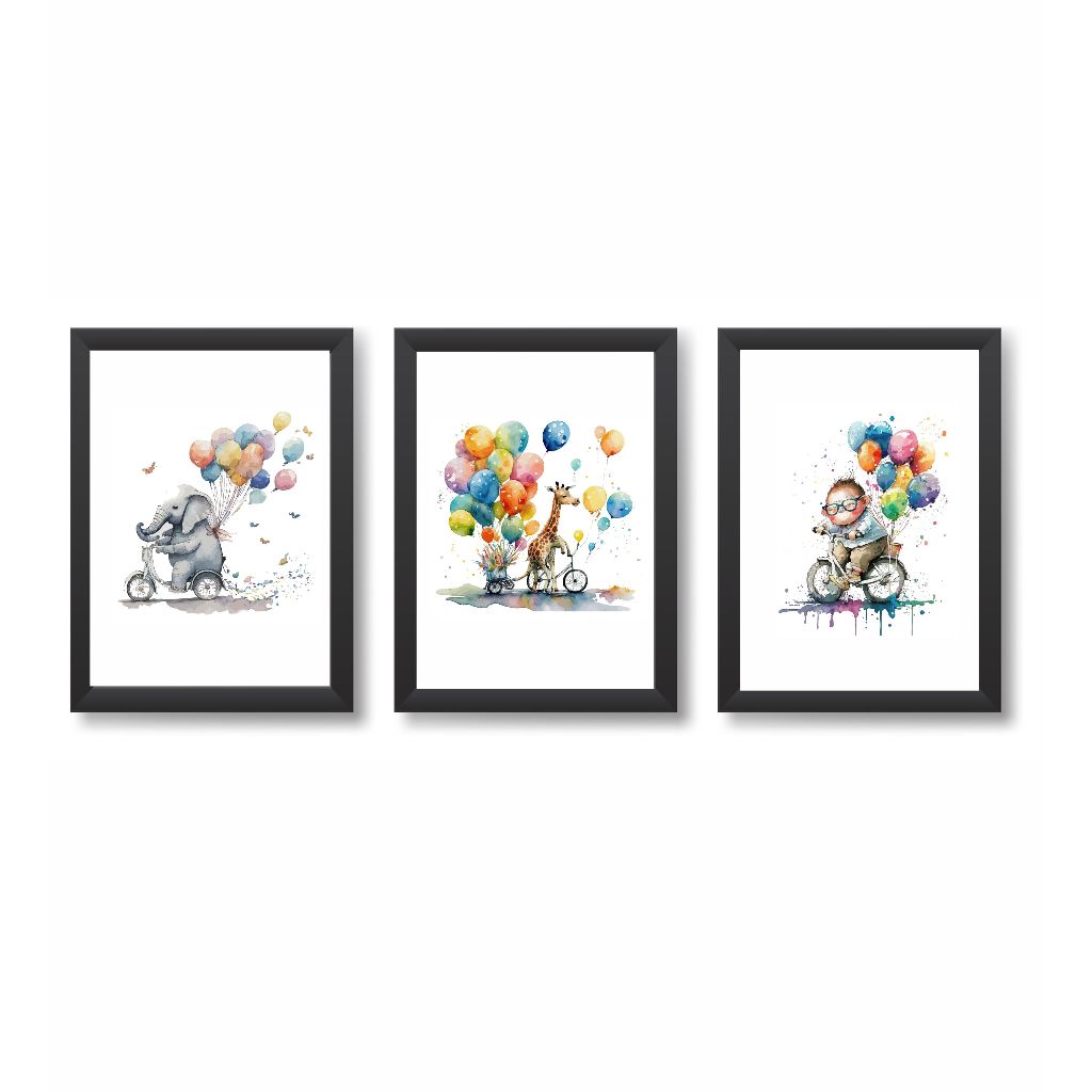 Kit 3 Quadros Decorativos Bichinhos de Bicicleta Decoração Quarto de Bebê Molduras 20x03cm Madeira