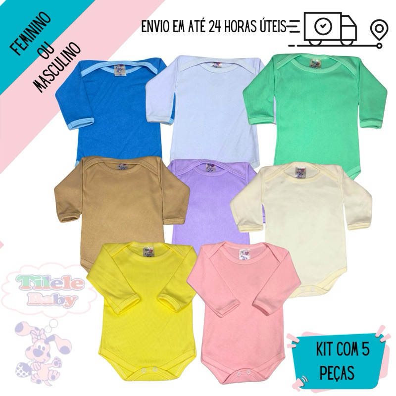 kit 5 peças bebê body manga longa liso 100% algodão suedine ( menina ou menino )