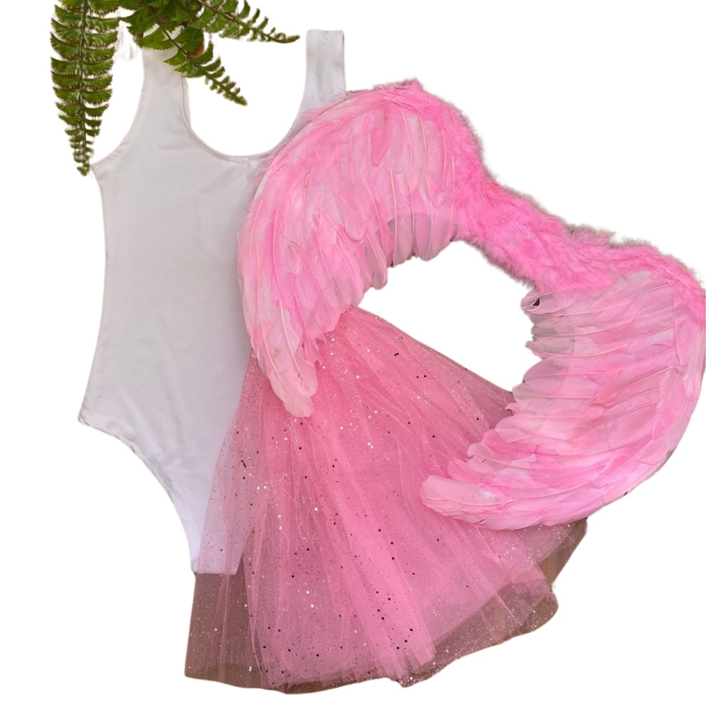 Kit 3 pecas Fantasia Feminina Anjo Carnaval Cosplay Body Maio  Suplex Saia Tutu Tule Asa Pluma halloween