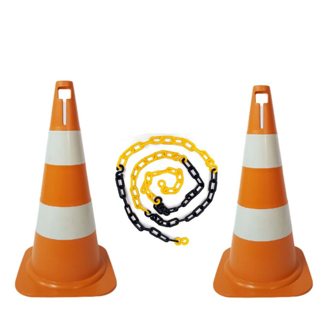 Kit 2 Cone de Sinalização + 2 Metros Corrente Pvc Laranja Branco e Preto Amarelo 50cm Refletivo Sinalizar Transito Obras