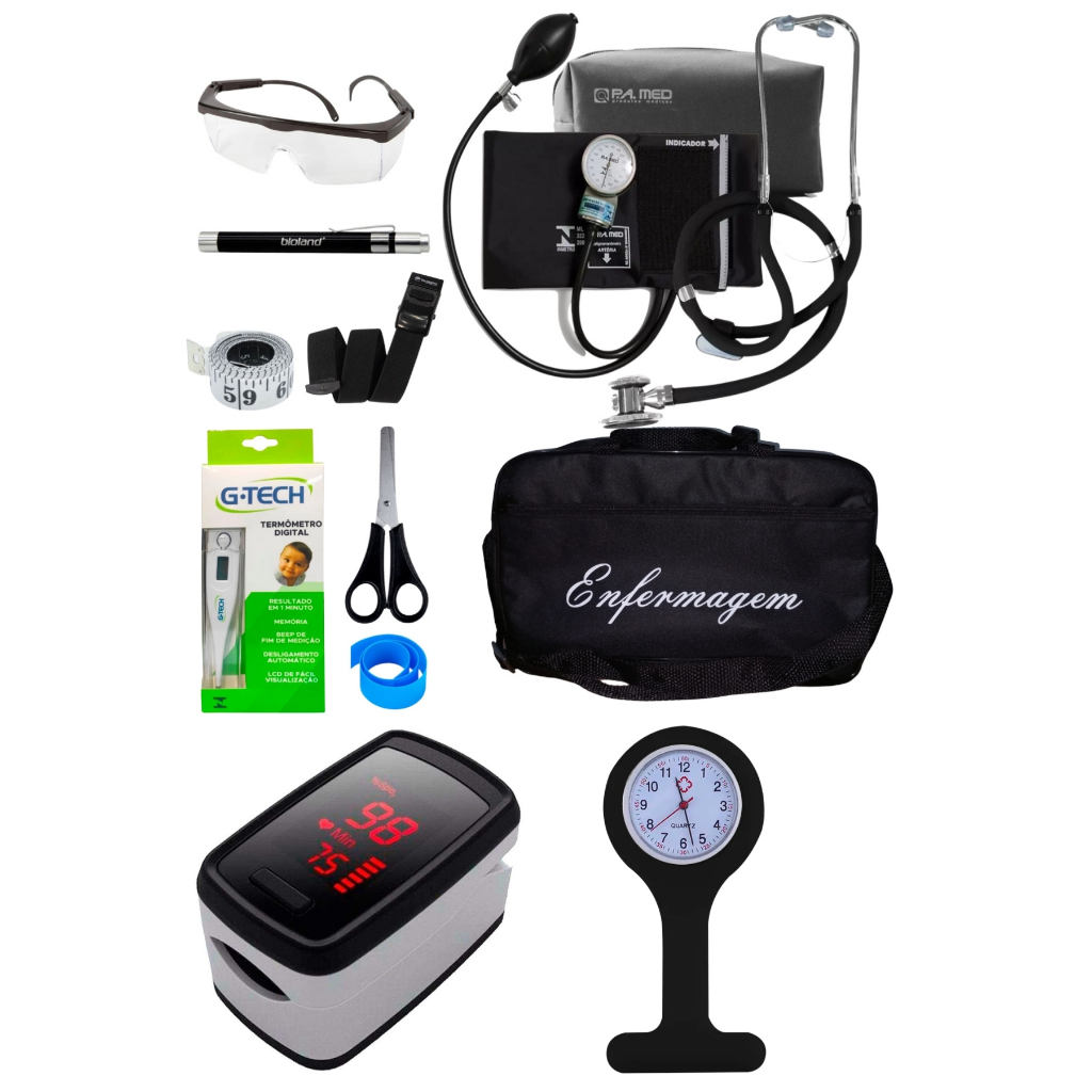 KIT DE ENFERMAGEM PRETO P.A MED COM ESTETOSCÓPIO OXÍMETRO E RELÓGIO