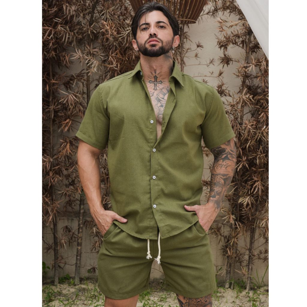 Conjunto Masculino de Linho Social Camisa botão e Bermuda Linho em Oferta na Shopee