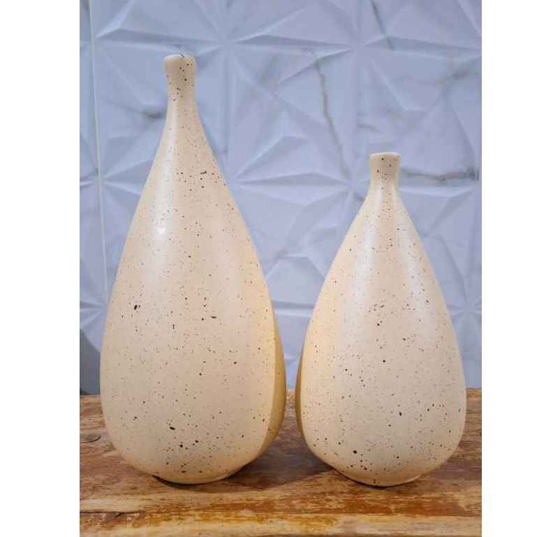 Vaso Pino 2 Peças Decoração Casa Centro de Mesa em Cerâmica Bege com Pintinhas