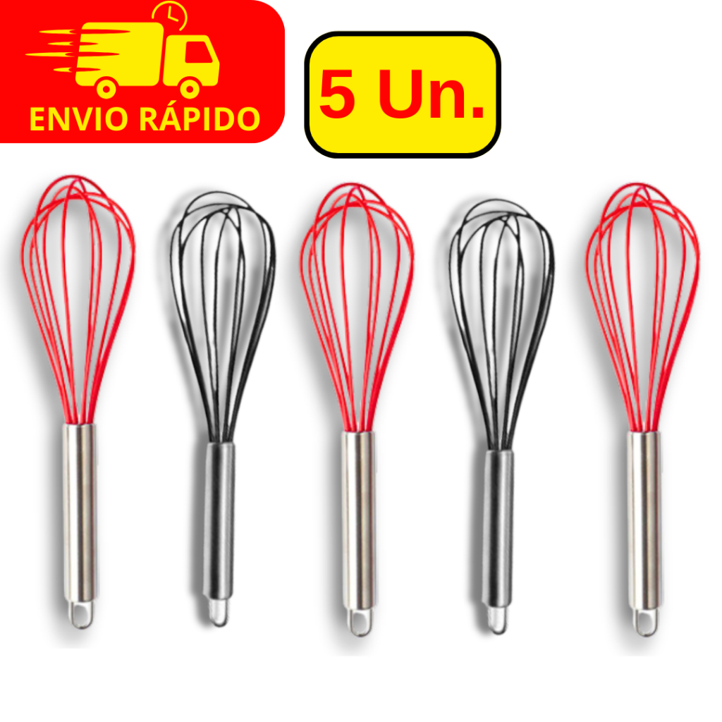 Jogo 05 Fue Premium de Silicone Com Cabo Inox Batedor de Clara e Ovos Para Cozinha Chef e Confeitaria