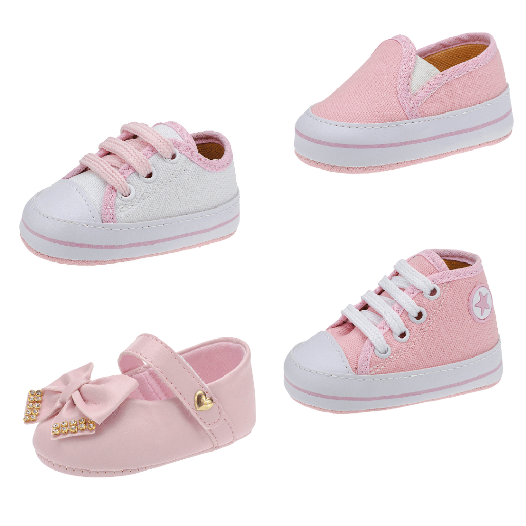 Sapatinho de bebê menina e sapatilha confortável macia kit com 4 pares