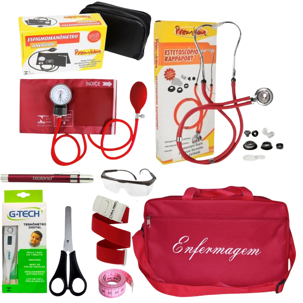Kit De Enfermagem Vermelho Premium Com Medidor De Pressão