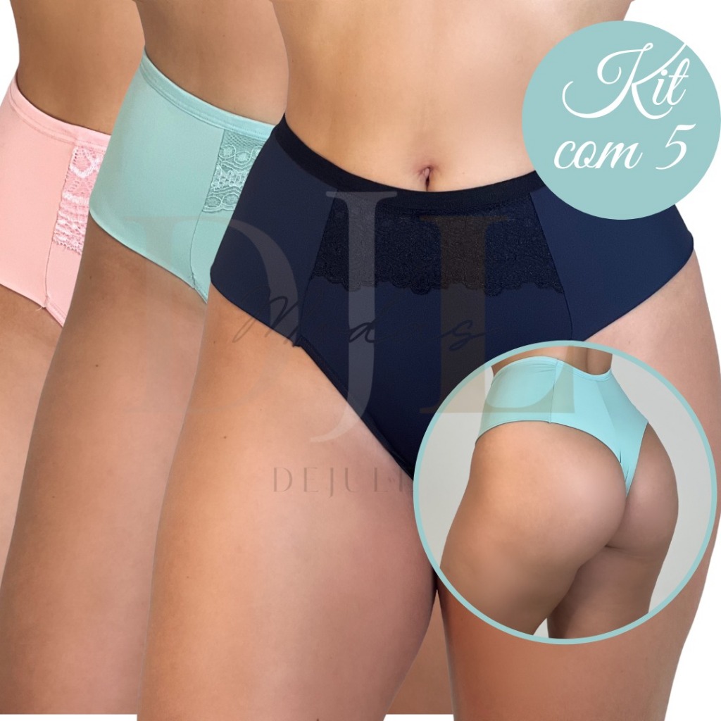 Kit com 5 Calcinha grande xuxa fio duplo tanga dupla confortavel detalhe em renda academia compressão pós parto
