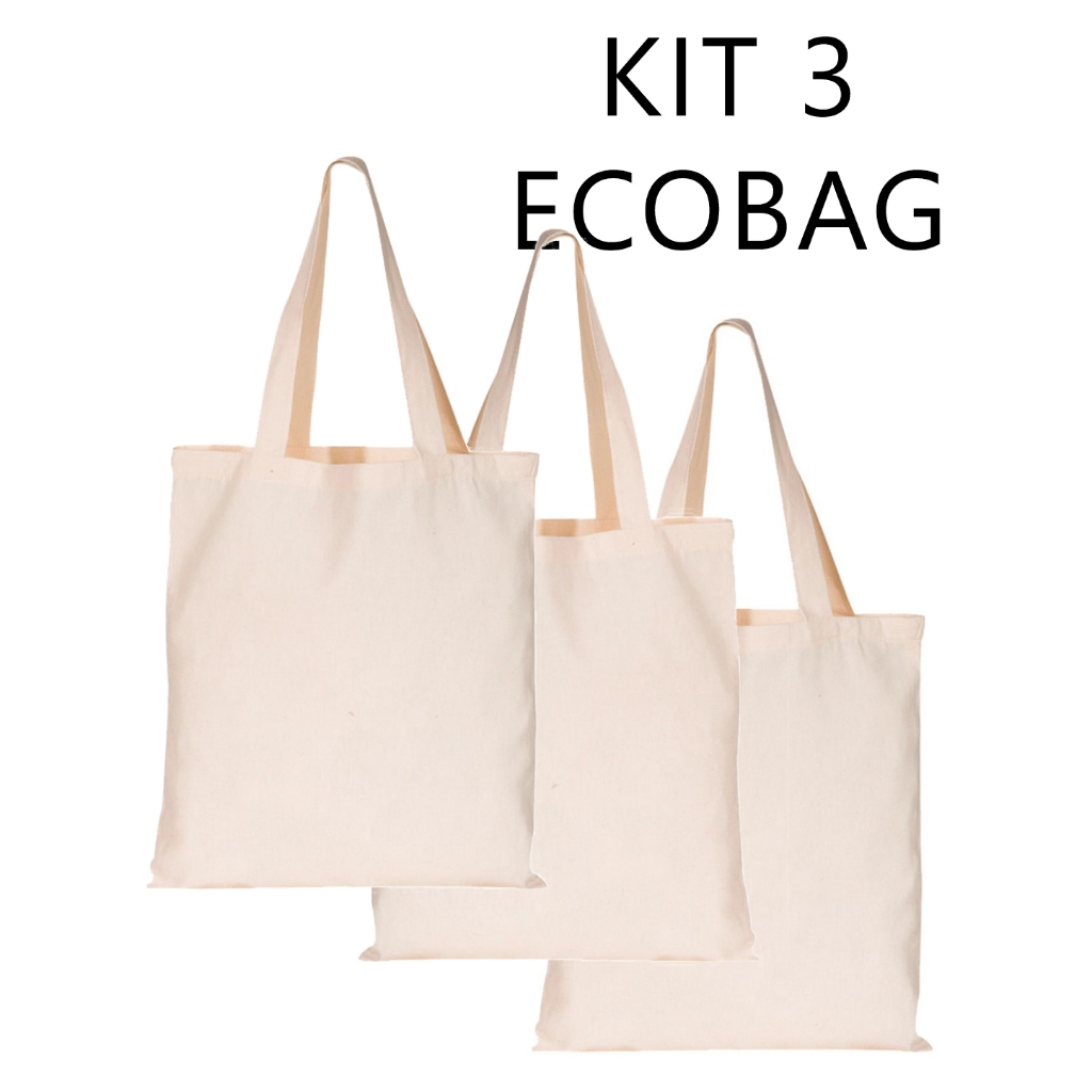 Ecobag kit 3 sacola ecológica  Lisa  - 100% algodão cru em Oferta na Shopee