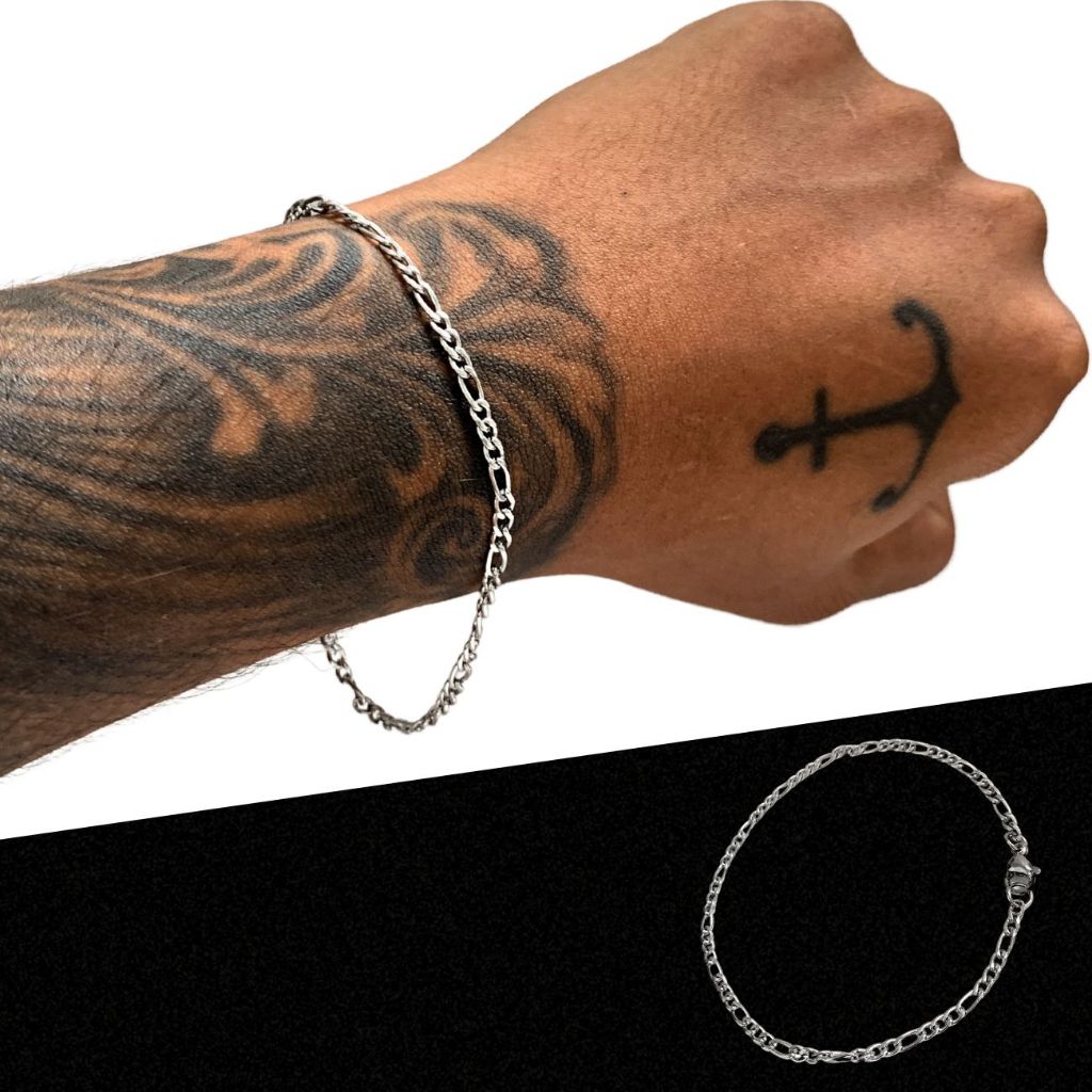 Pulseira Fininha Masculina 3x1 Aço Inoxidavel Maciço Prata