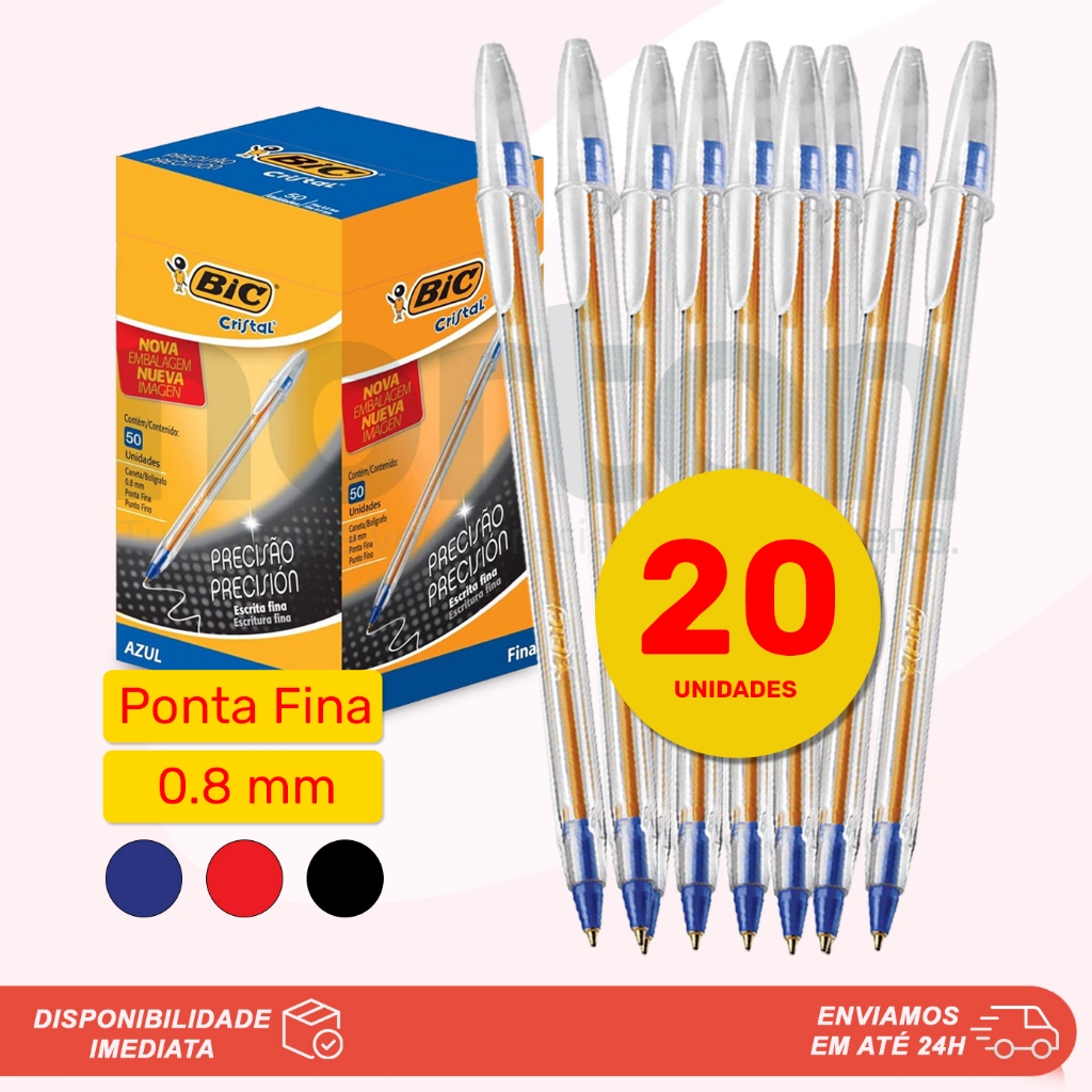 KIT 20 Canetas Bic Cristal Esferográficas 0.8mm Ponta Fina Cores Azul, Preta e Vermelha Original
