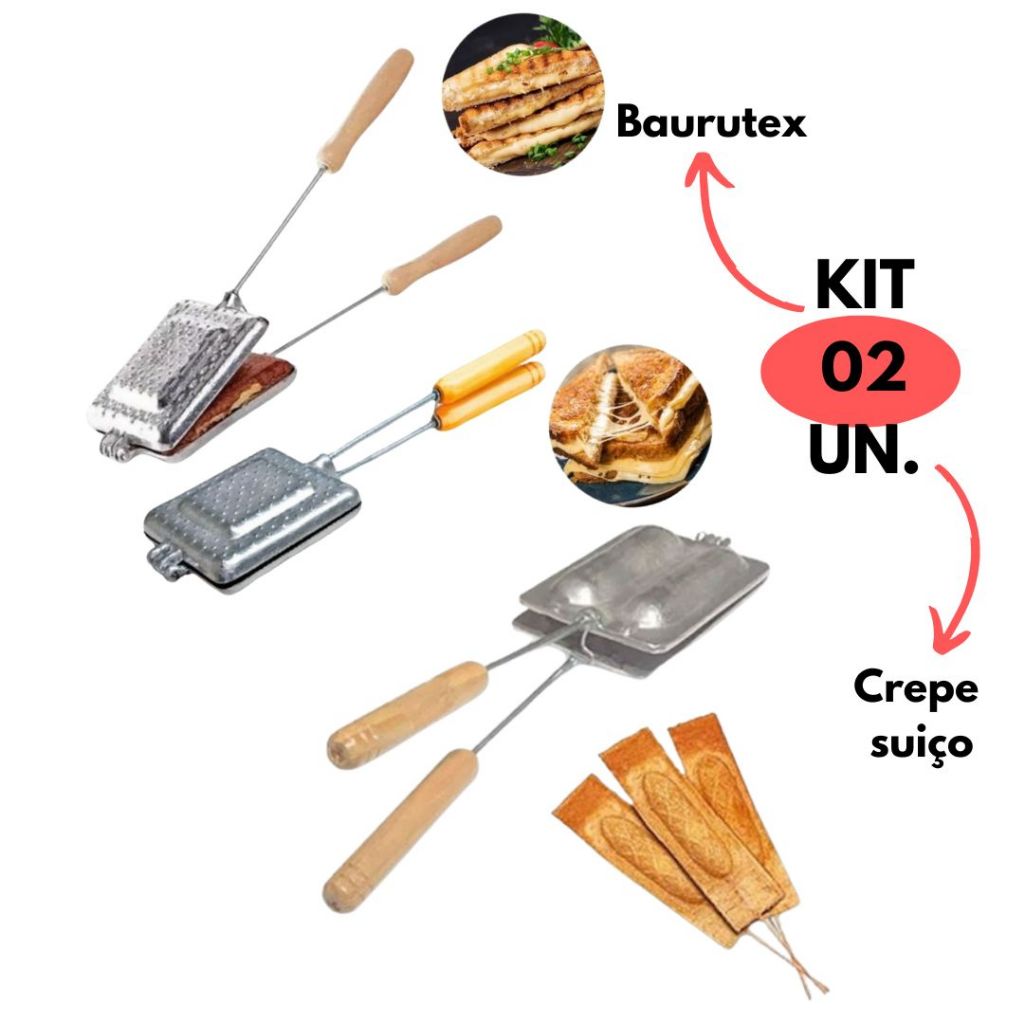 Jogo 02 Forma Assadeira Baurutex+ Crepe Suiço Aluminio Fundido Cinza Resistente Cabo Madeira Pao Forma Queijo Quente Kit