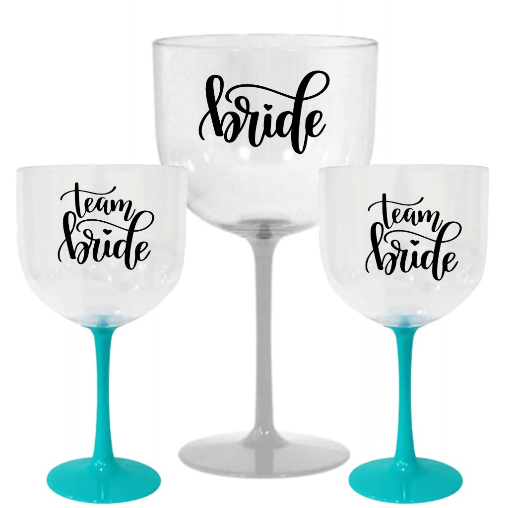 Kit 10 taças de gin 450ml Bicolor 9 bicolor azul team Bride+ 1 bicolor branca bride Personalizada Despedida de Solteira