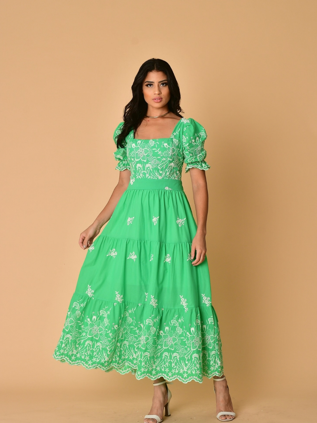 Vestido longo luxo lese bordado algodão manga curto 0286