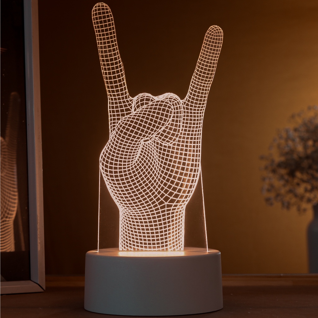 Luminária LED 3D de Mesa / Luz Noturna Presente Criativo / Decoração - mão roqueira 3D, rock and roll, mão chifrada em Oferta na Shopee
