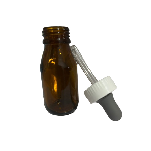 FRASCO DE VIDRO CONTA GOTAS/AMBAR 30ML - TAMPA LACRE BULBO E CANULA DE VIDRO