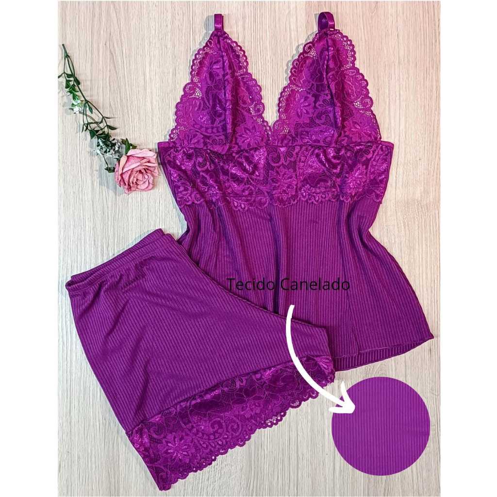 Baby Doll Canelado com Renda Conjunto Pijama Short Doll Lingerie Sem Bojo Com Forro – 544