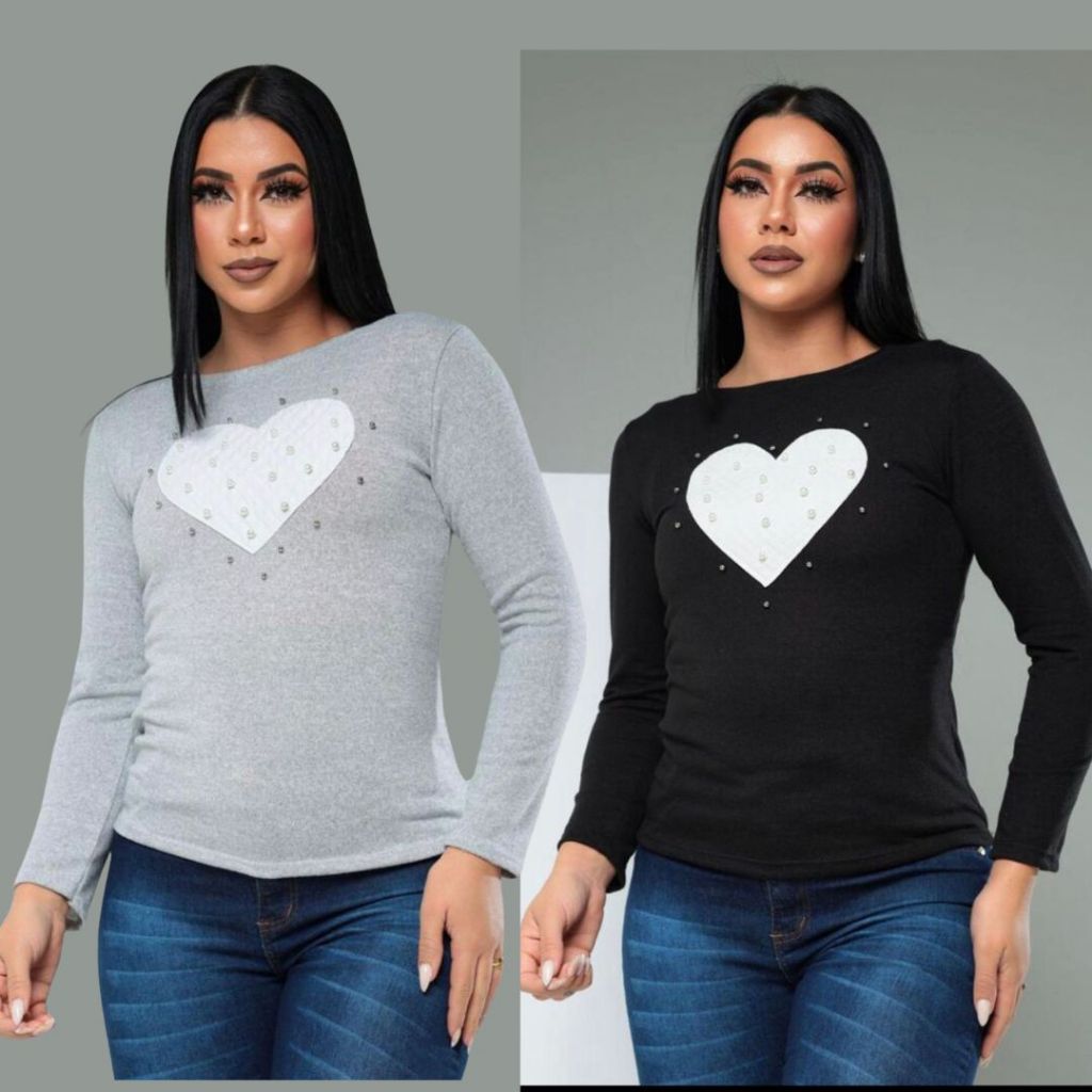 Blusa feminina de frio, manga longa, blusa de lanzinha de coração com perola, roupas femininas de inverno. moda 2024