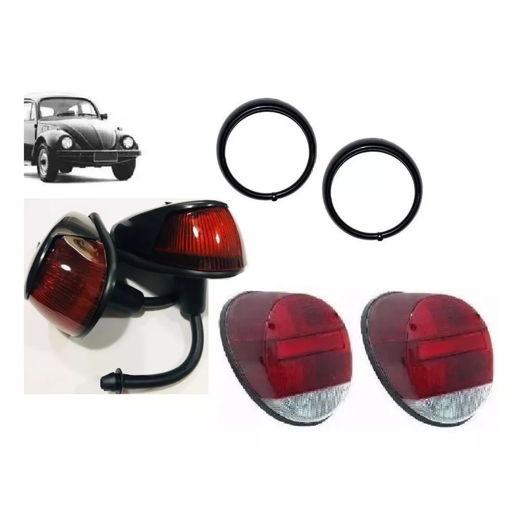 Kit Par Lanterna Traseira Rubi Par Pisca Lente Vermelha E Par Aro Preto Fusca Fafa