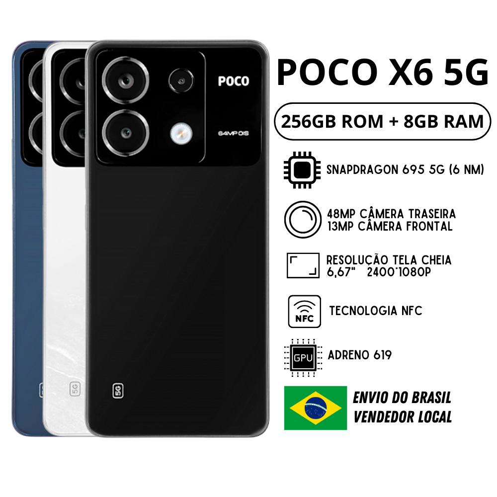 Celular Xiaomi PocoPhone Poco X6 5G 256GB ROM/ 8GB RAM Versão Global | Smartphone 5G , ROM Global , Câmera 64MP , Carregador 67W