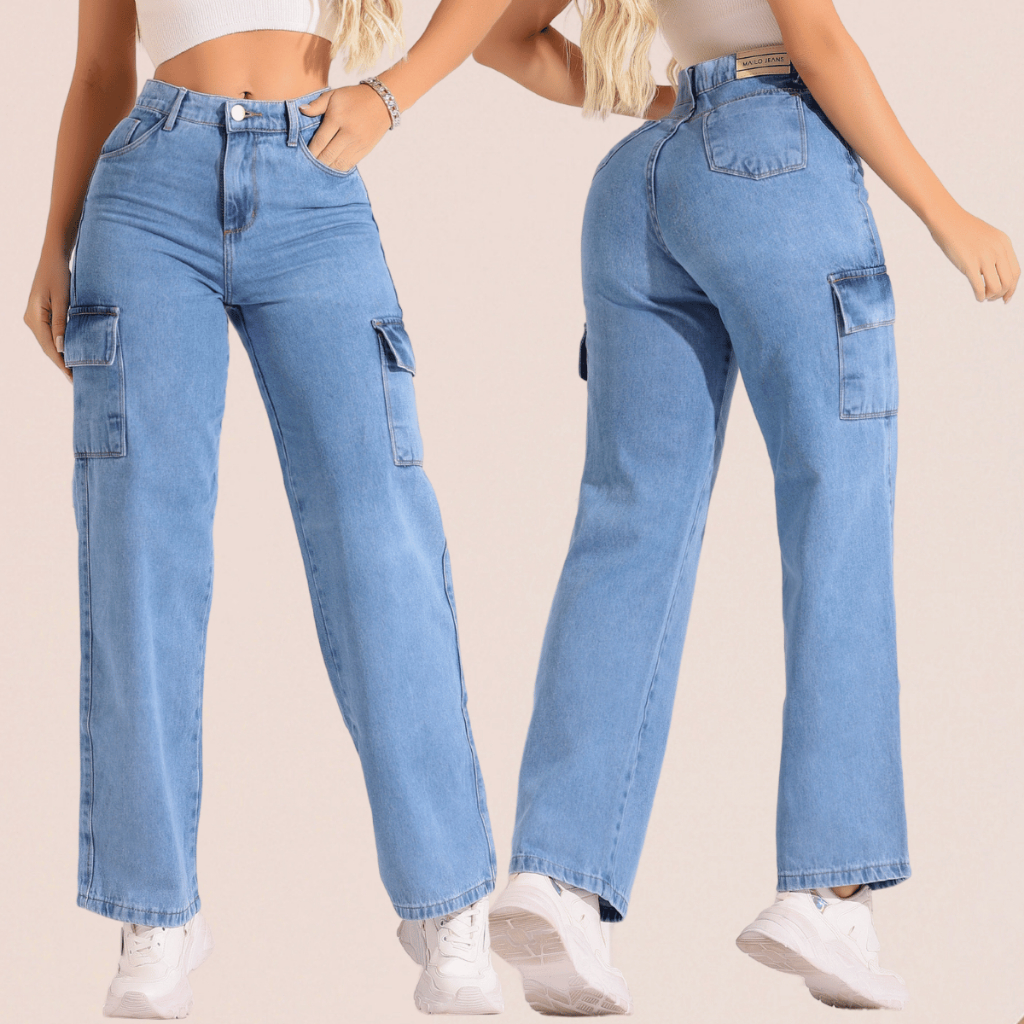 Calça Wide Leg Cargo Bolso Lateral Cintura Alta Tecido 100% Algodao Calça Jeans Feminina Calça Feminina Jeans Wind Leg em Oferta na Shopee