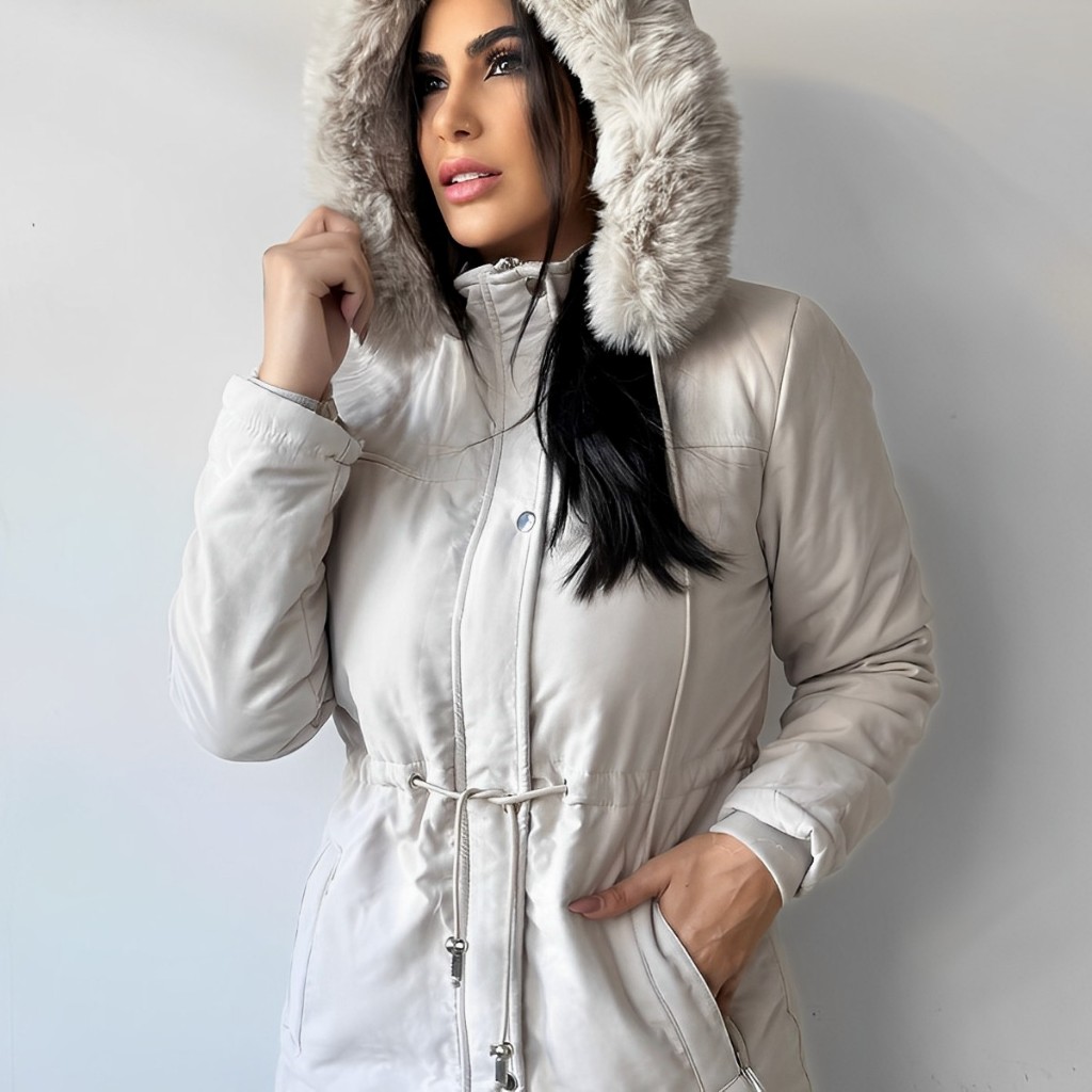 Parka sarja feminina forrada pel&uacute;cia com capuz