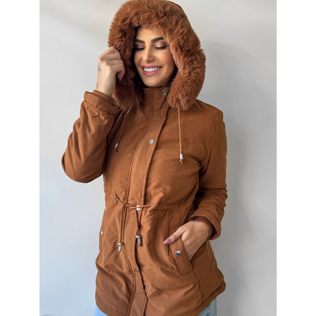 Parka de sarja casaco sobretudo longo feminina lançamento forrada pelucia com capuz touca removivel cordão na cintura casacos feminino de inverno roupas feminina para o inverno