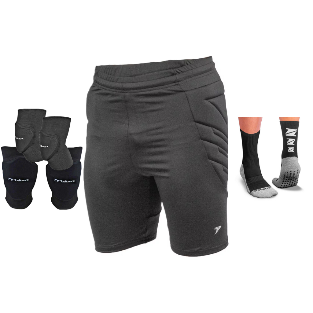 Kit Goleiro Poker Bermuda Térmica Skill + Joelheira Cotoveleira Pro Indoor + Meia Antiderrapante