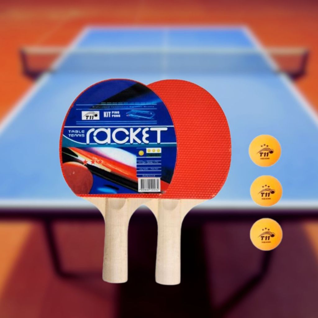 Raquete ping pong com 3 bolas - kit 2 raquete ping pong e 3 bolinhas laranjas