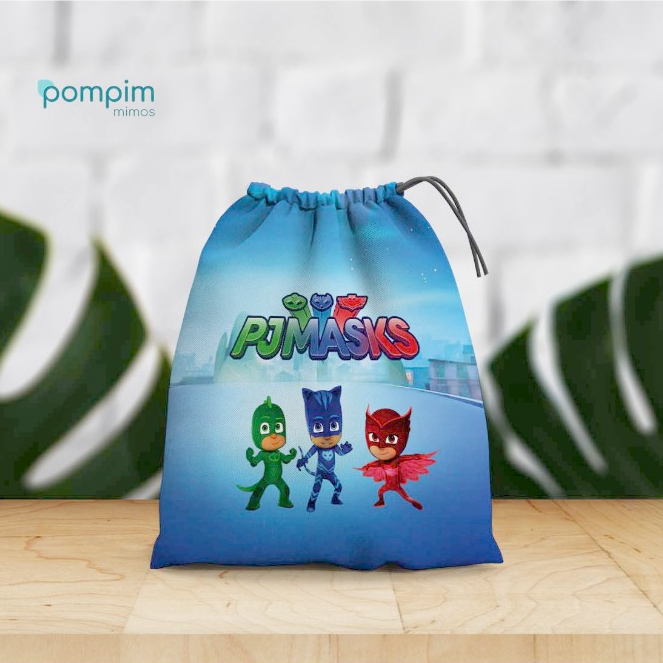 Kit Lembrancinha Sacolinha Surpresa PJ Masks de tecido personalizado, para festas e aniversários.
