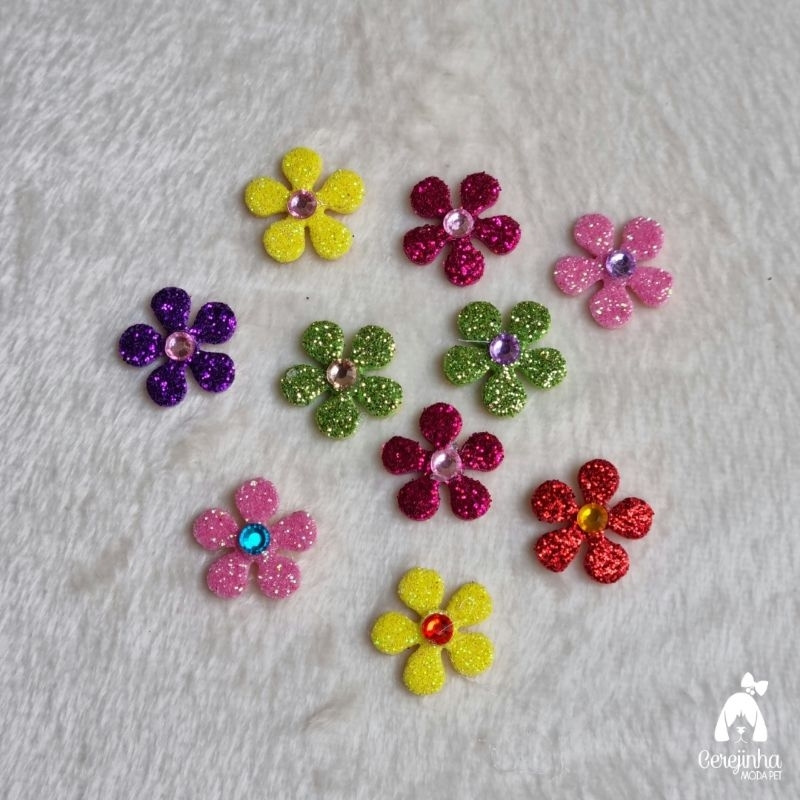 50 Adesivos Pet Flor EVA Com Strass Cores Sortidas