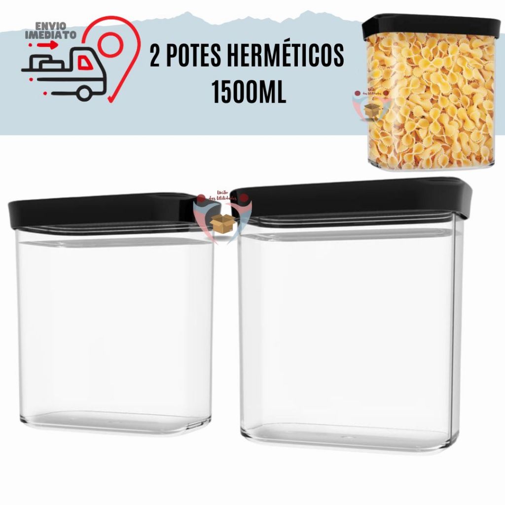 Kit 2 Potes Herméticos 1500ml 1,5 litro para Frios Presunto Queijo Porta Mantimentos Grãos Cereais Frutas Massas
