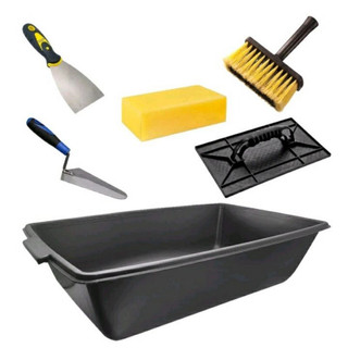 Kit Obra Pedreiro 6 Pecas Caixa Masseira 22L Colher Desempenadeira Espatula Inox Broxa E Espuma