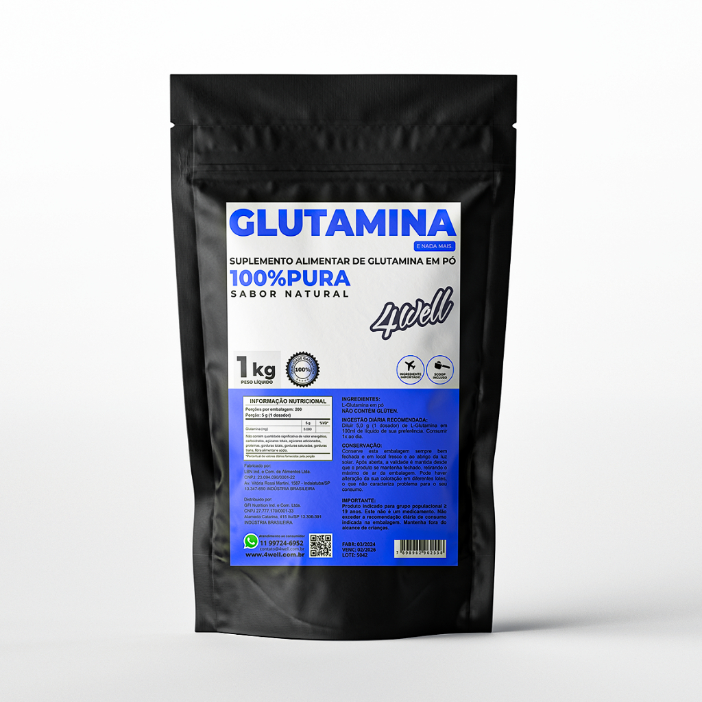 L-Glutamina 1Kg - 100% Pura - Importada - 4well - Sabor Natural