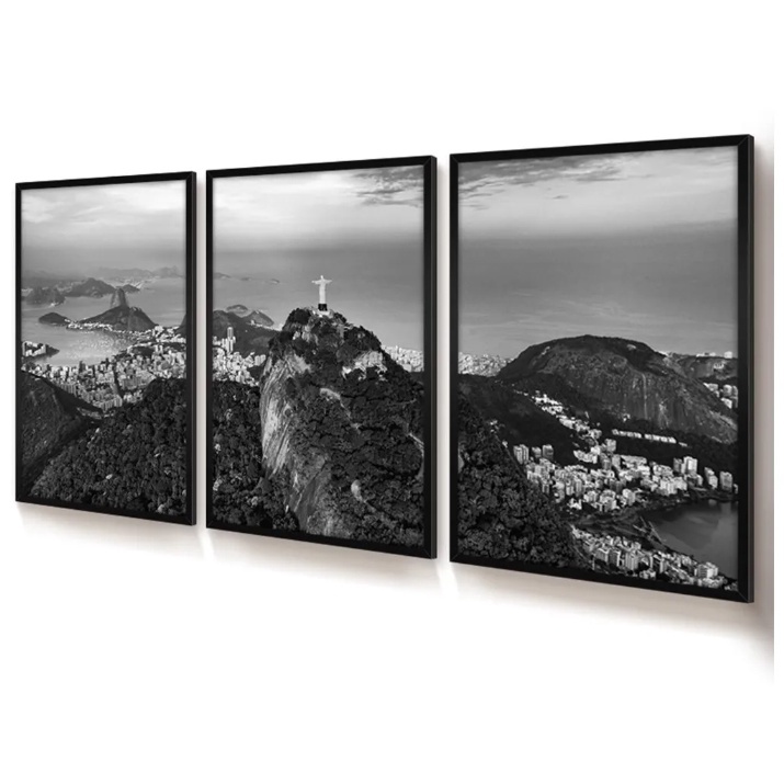 Quadro decorativo corcovado rio de Janeiro preto e branco 3 peças sala quarto cozinha e escritório em Oferta na Shopee
