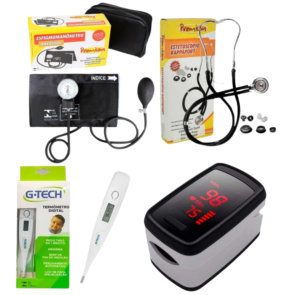 kit com Oxímetro esfigmomanômetro esteto duplo e termômetro PRETO Premium