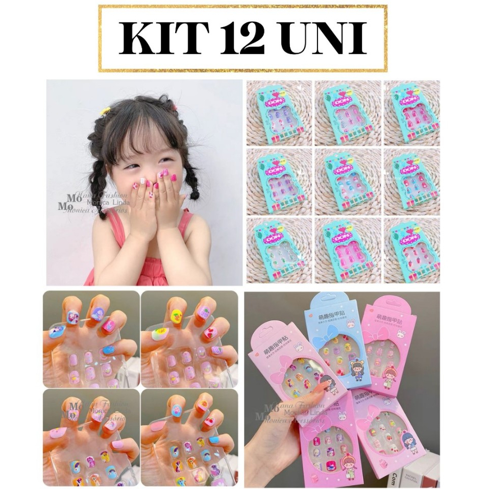 Kit 144 Unhas Postiça Infantil 12 Caixas （1caixa com 12 unhas）Cores Sortidas