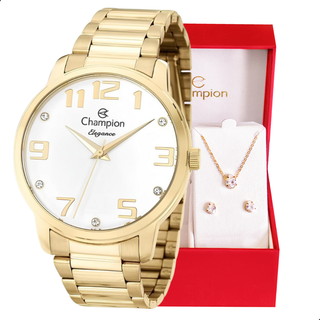 Relógio Champion Feminino Analógico Dourado Prova D´agua + Kit Colar e Brincos Mãe Barato CN26028W em Oferta na Shopee