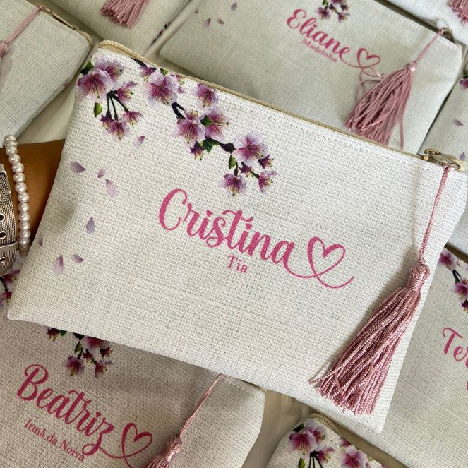Necessaire Personalizada Rosa Flor de Cerejeira para Madrinha, Casamento, lembrancinha, aniversário.
