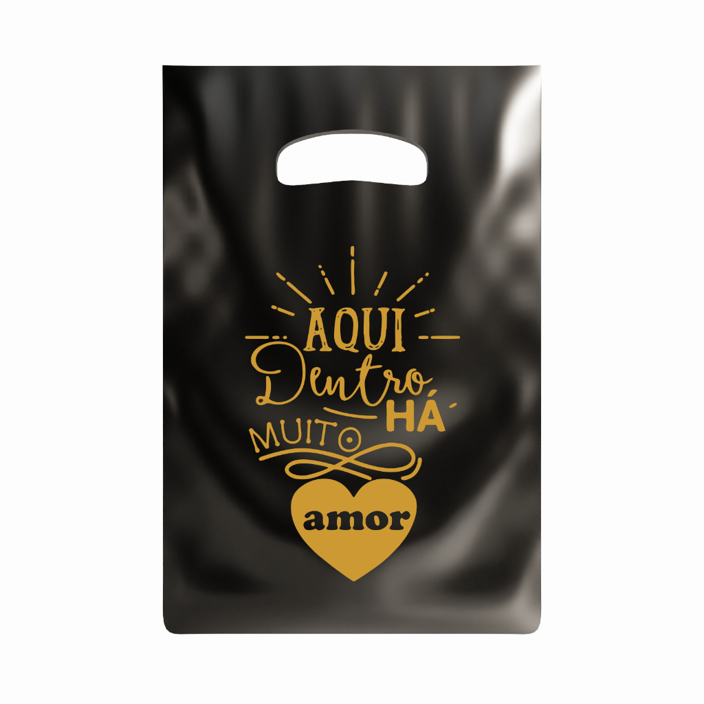 50 Sacolas plásticas personalizada com frase 30x40 preta com dourado em Oferta na Shopee