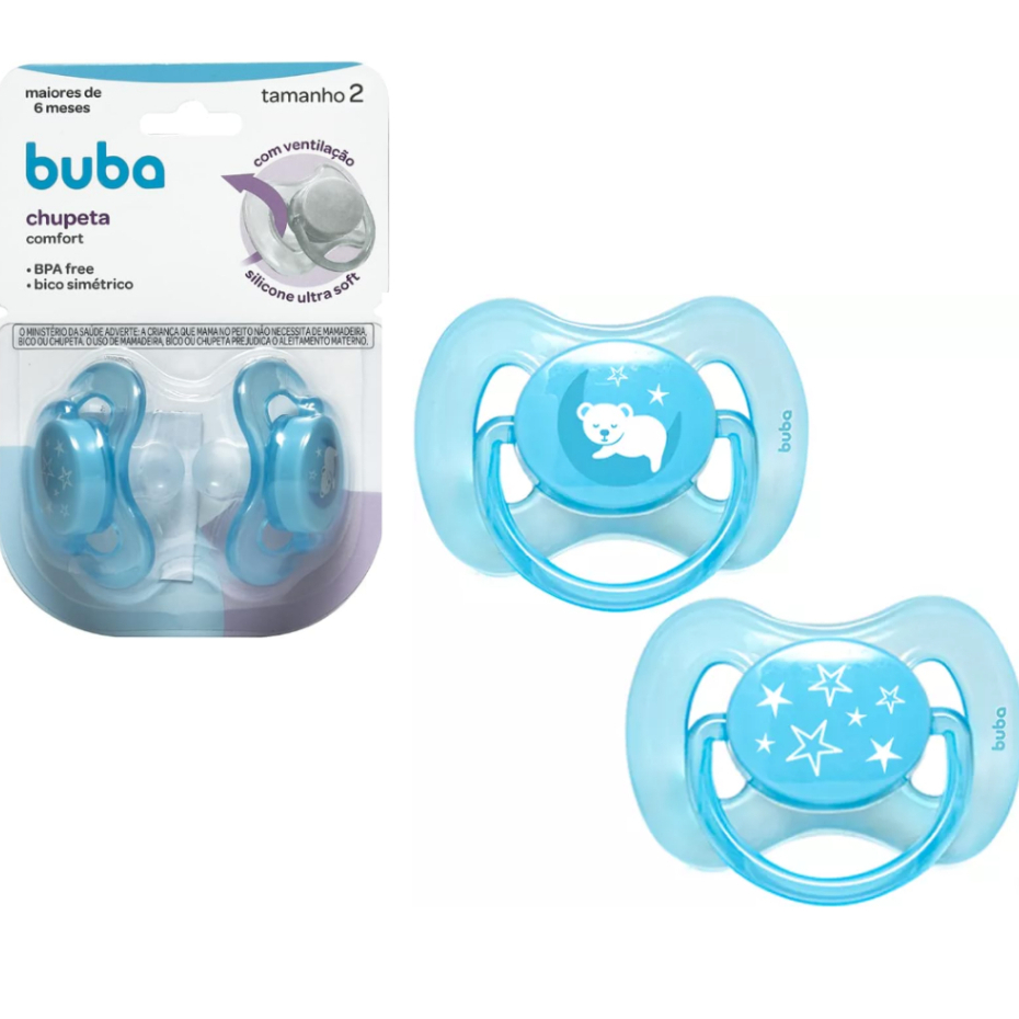 Kit 2 Un Chupeta Comfort Tamanho 2 (+6 Meses) - Azul Ursinho/Estrela Ultra Soft - Buba em Oferta na Shopee