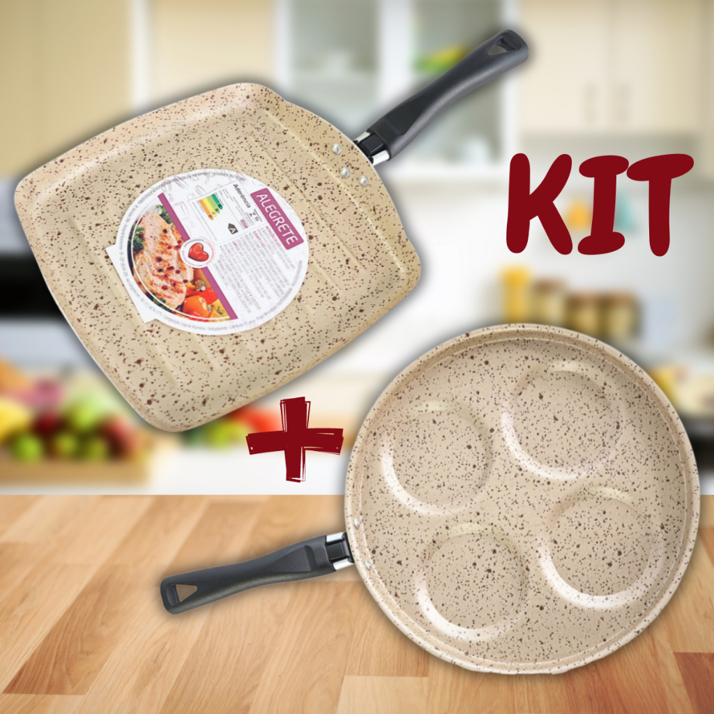 Kit Frigideira Grill Bifeteira Bistequeira 24cm Quadrada + Frigideira 4 em 1 Antiaderente Não Gruda Sem Óleo com Divisória Ovos Hamburger Mini Omelete e Mini Panqueca Redonda Bege Stone Pedra Mármore Cabo Reforçado Kit Panela Cozinha