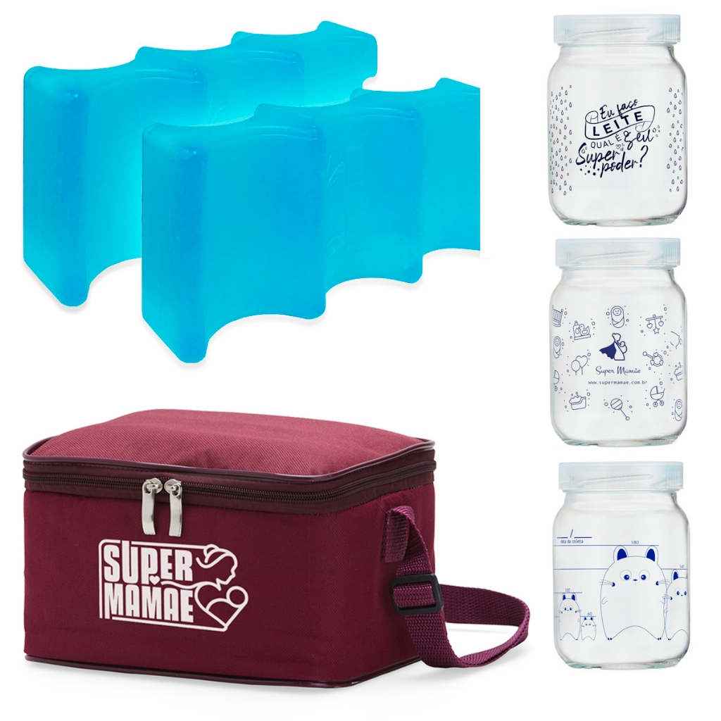 Kit Bolsa Térmica Para Leite Materno 3 Potes de Vidro 200ml + 2 Gelos Artificiais Super Mamãe