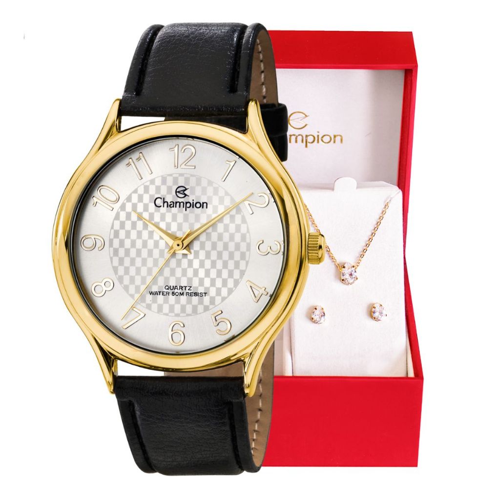 Relógio Champion Feminino Analógico Dourado Couro + Kit Colar e Brincos Original À Prova D'Água Mulher Barato CH22706W