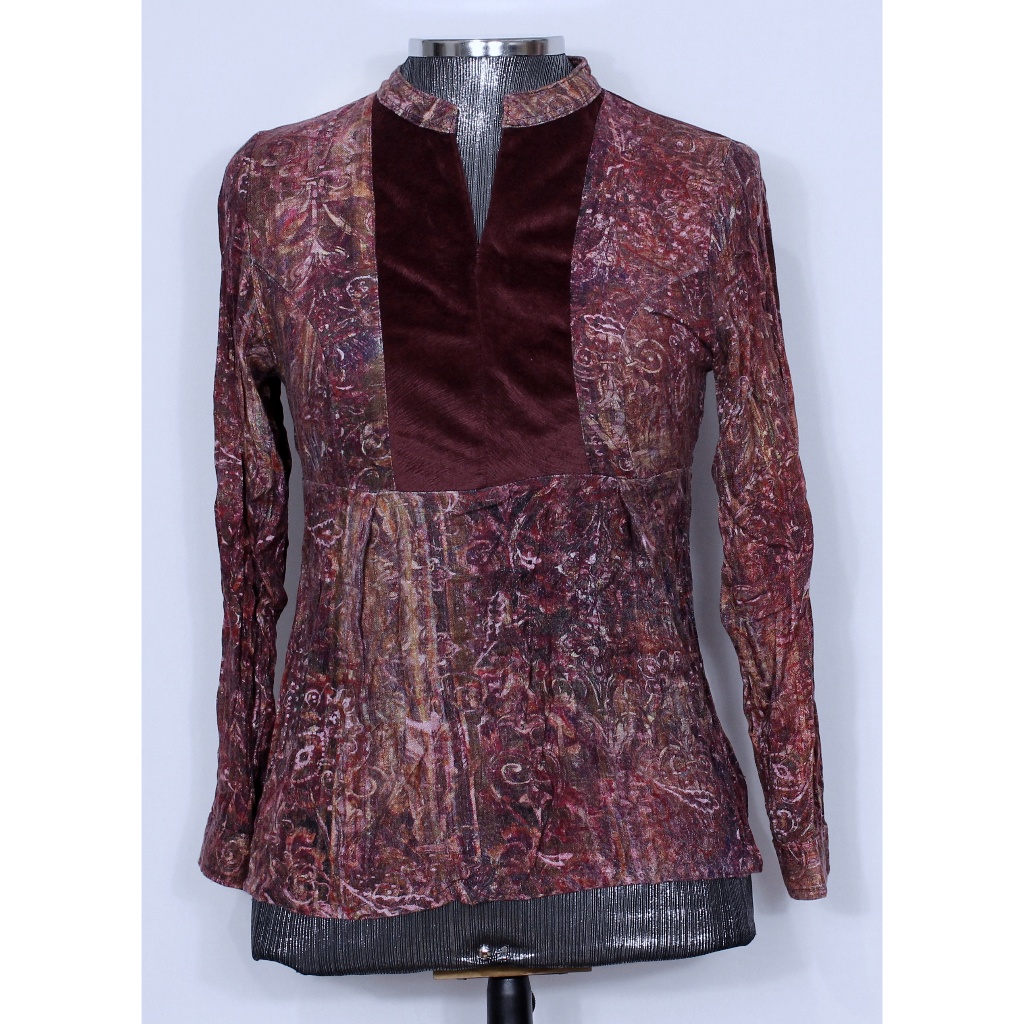 Blusa feminina bata boho marsala vinho estampada aveludada - Veste P - Ref. 2009 (brechó)